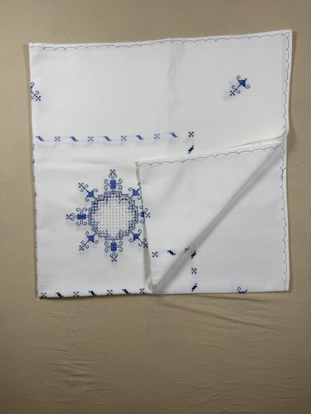 Antique Handmade Table Cloth Topper 40x40 Embroidery Cutwork Linen Blue on white